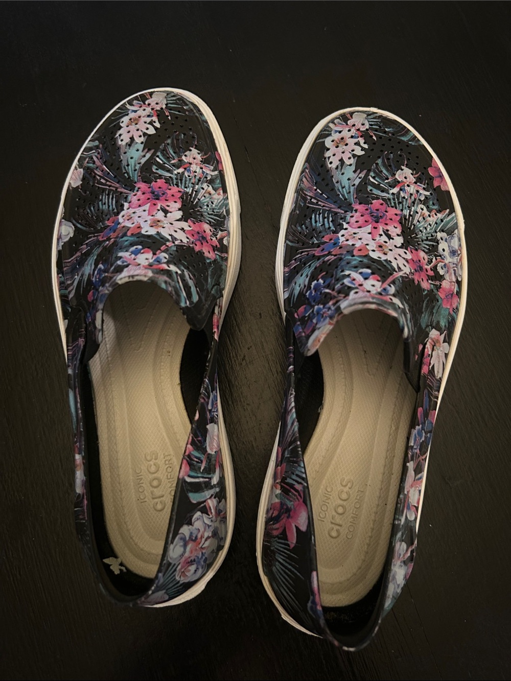 CROCS Black Floral Slip-On Flats with Pink & Blue Accents